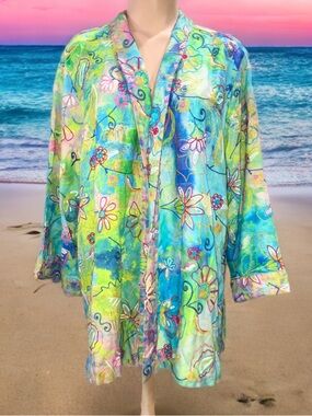 John Mark Blue Floral Embroidered Boho Kimono Cardigan Statement Piece Sz 1X